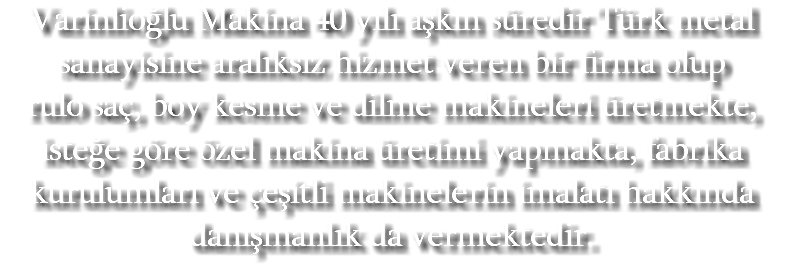Varinlioğlu Makina 40 yılı aşkın süredir Türk metal sanayisine aralıksız hizmet veren bir firma olup rulo saç, boy kesme ve dilme makineleri üretmekte, isteğe göre özel makina üretimi yapmakta, fabrika kurulumları ve çeşitli makinelerin imalatı hakkında danışmanlık da vermektedir.
